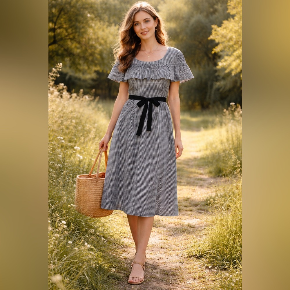 Gingham Cotton Dress | Cottagecore Prairie Ruffle Tie Waist · J.Crew - Picture 1 of 13
